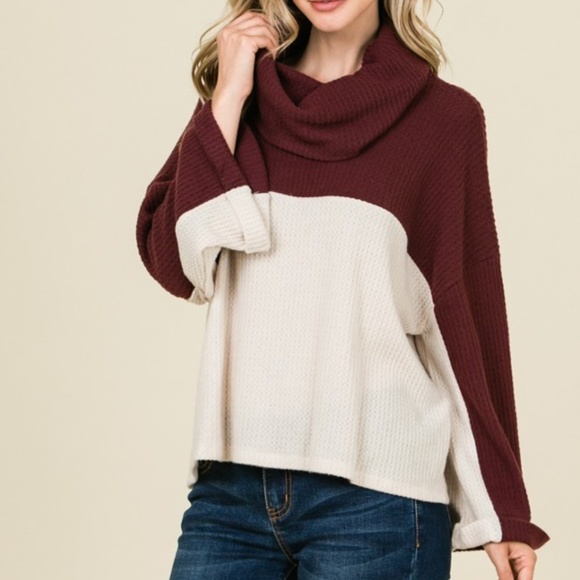 Lumiere 2 Tone Waffle Knit Sweater -Burgundy - Picture 3 of 5